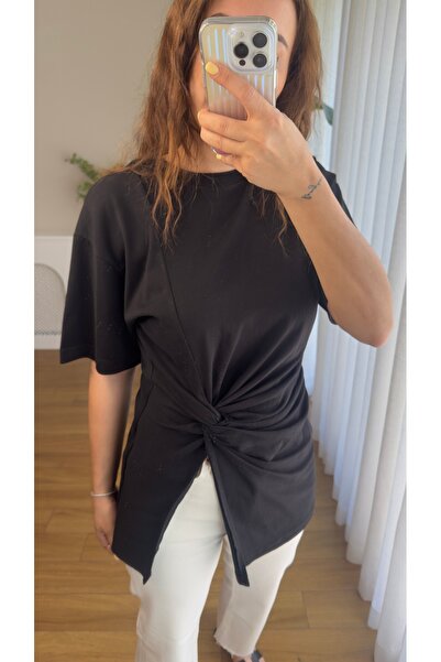Butikrenginyılmaz Premium Short Sleeve T-Shirt with Knot Detail and Slit