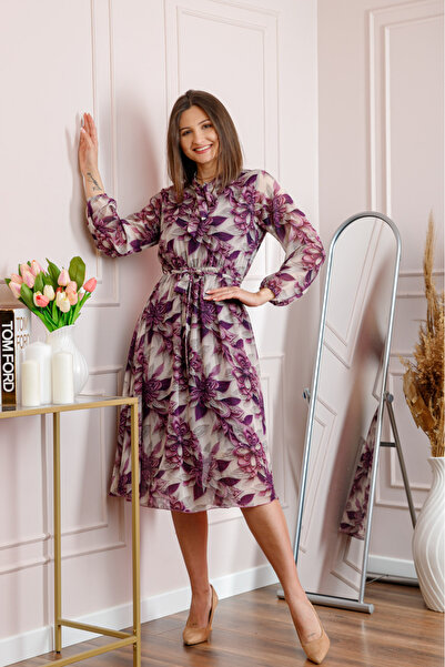OEM Rochie dama bej Alessandra din voal cu imprimeu floral si cordon in talie