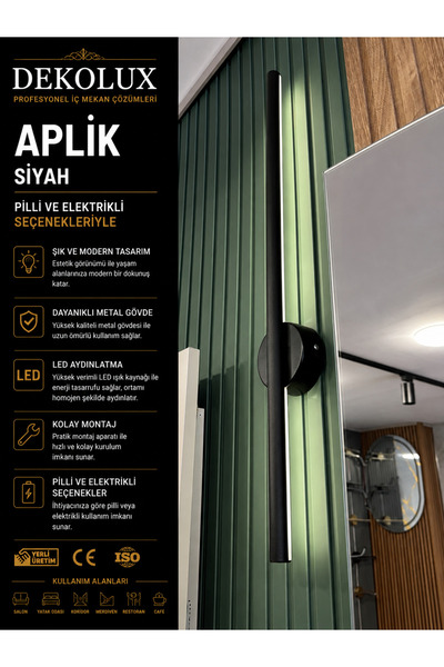 Dekolux Siyah LED Duvar Apliği – Pilli ve Elektrikli Kullanım Seçenekleriyle
