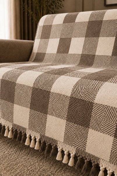 XVA Viona Sofa Cover |   Tasseled |   Coverlet |   Square Patterned |   170 X 210 cm