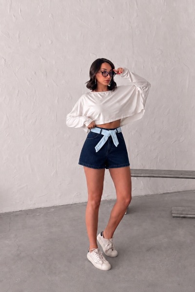 blue wings denım co. MINI NAVY PLAVE TRAPERICE/ŠIROKE KRATKE PANTALONE SA KAIŠOM