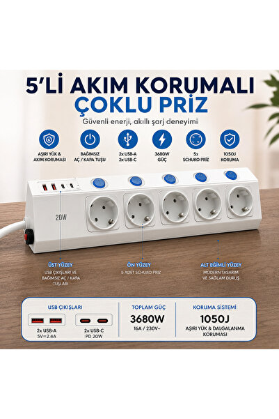 SMAYLİNG 5'li Akım Korumalı Çoklu Priz 2 Metre Kablolu 3680W 16A 5 Bağımsız A...