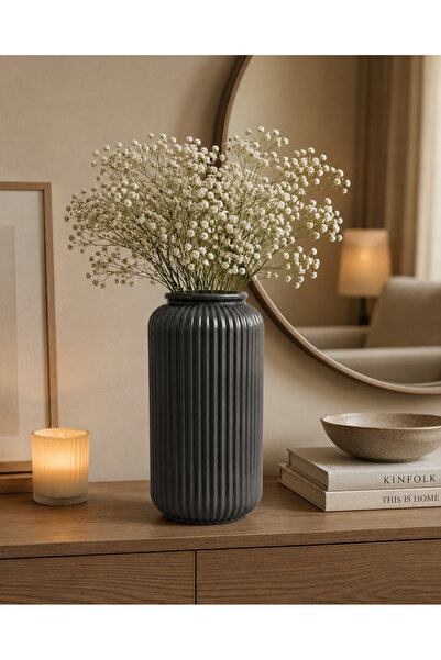 monocactus Riva Porcelain Look Decorative Cylinder Vase with Ribbed Design 22cm