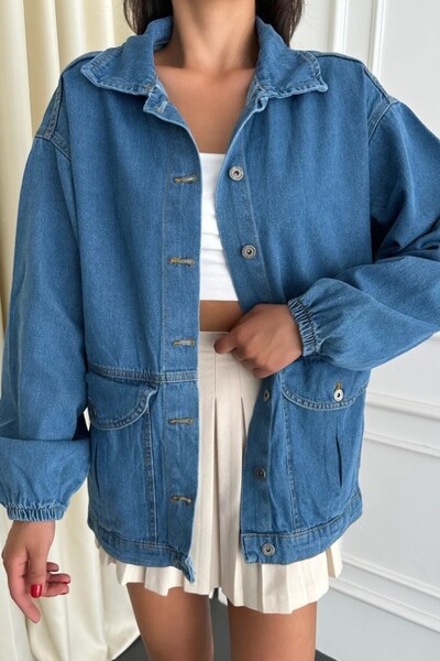 TOFİSA Kadın Oversize Körüklü Cep Kot Ceket Acik Mavi - 26578