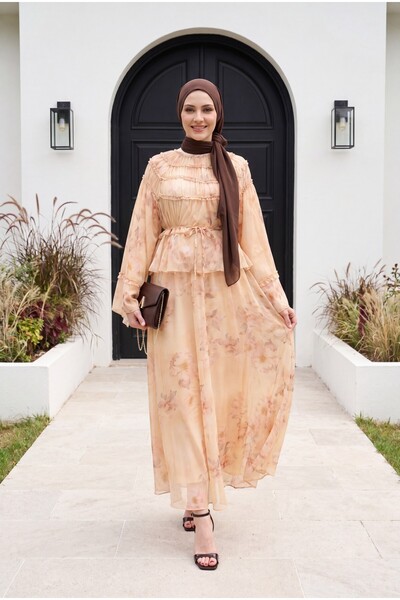 Modamorfo Wide-Sleeved, Patterned, Lined Chiffon Suit with Pleated Skirt - Sa...