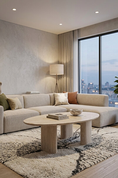 niza dekorasyon Doğal Traverten Oval Orta Sehpa 70x120 cm - Mat Bej Salon Seh...