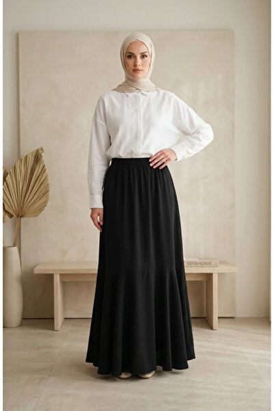 sefamerve Bürümcük Fabric Elastic Waist Gathered Skirt 0561-08 Black