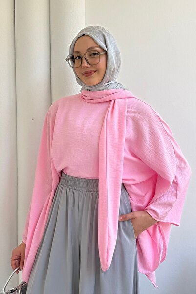 Modaensarbutik Asimetrik Yarasa Kol Bağlamalı Panço Bluz-PEMBE