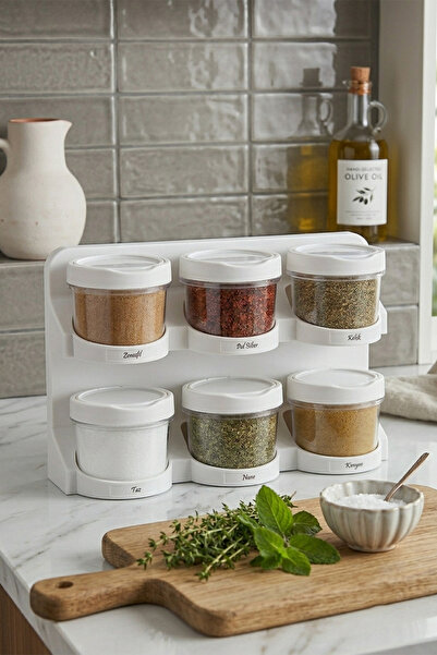 Emofom 6-Piece Spice Set with Stand and Spoons White (24 Pieces with Label Gift)