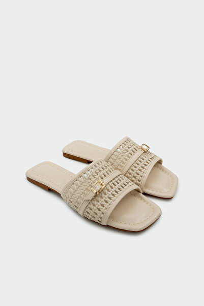 LAMİNTA Elara Braided Buckle Detailed Women's Leather Flat Slippers