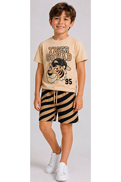 İrem Çocuk Giyim Boy's Tiger Squad Written Lion Patterned Short Sleeve Shorts...