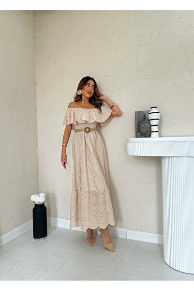 D'RECCY Women's Off-The-Shoulder Ruffled Scallop Long Dress with Waist Belt