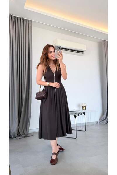 pelin yıldız butik Kahve Chicago Önden Fermuarlı Elbise