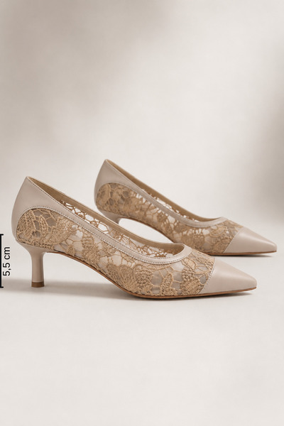 Women Lay-z Women's Beige Lace Short Heel Stiletto 5.5 cm Heel Comfortable Fu...