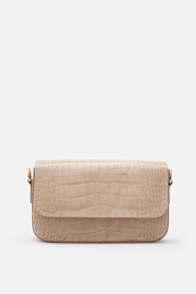 Bestyle Mini Croco Hakiki Deri Omuz & Çapraz Çanta Bej Croco Deri