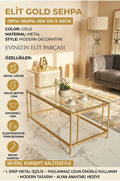 SEVİNÇ KONSEPT Elit GOLD Orta Sehpa Şeffaf Camlı 54 x 94 CM, Yükseklik 50 cm ...