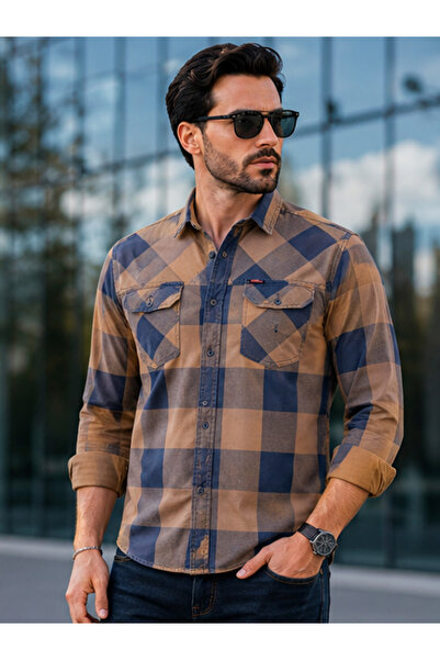 FSR FUSARO %100 Pamuk Denim Ekose Slim Fit Çift Cepli Uzun Kollu Erkek Gömlek