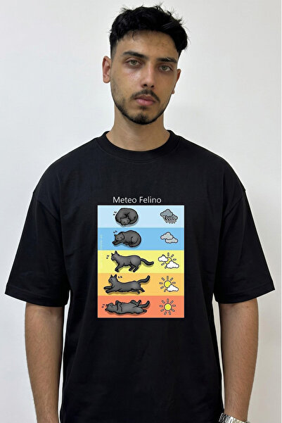 Anetos Meteo Felino Design Printed Oversize Black T-Shirt