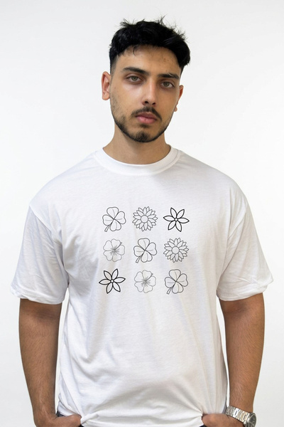 Anetos Yonca Cicek Design Printed Oversize White T-Shirt