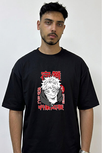Anetos Sukuna Jujutsu Kaisen_1 Design Printed Oversize Black T-Shirt