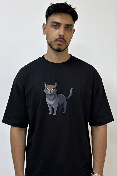 Anetos Grey Cat_1 Design Printed Oversize Black T-Shirt