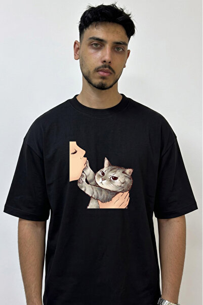 Anetos Tekir Cat Opucuk Design Printed Oversize Black T-Shirt