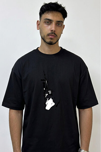 Anetos Liberty Statue Rifle Design Printed Oversize Black T-Shirt