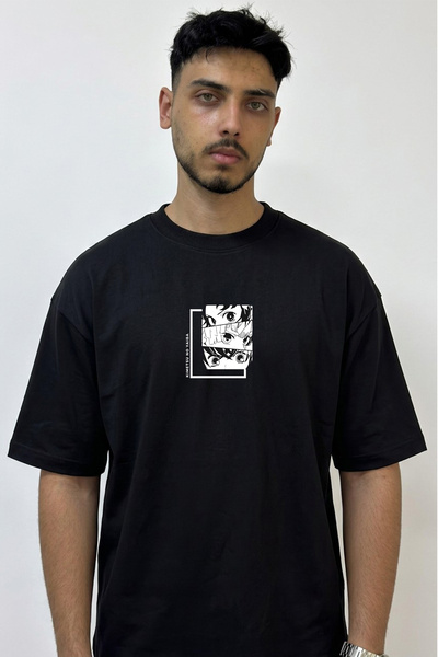 Anetos Demon Slayer Design Printed Oversize Black T-Shirt
