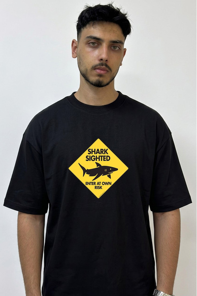 Anetos Shark Sighted Design Printed Oversize Black T-Shirt