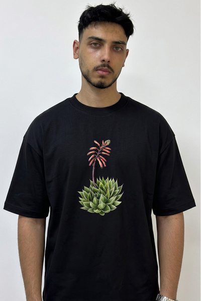 Anetos Echeveria Flower Design Printed Oversize Black T-Shirt