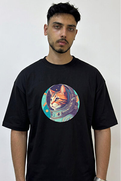 Anetos Cat Astronaut Design Printed Oversize Black T-Shirt