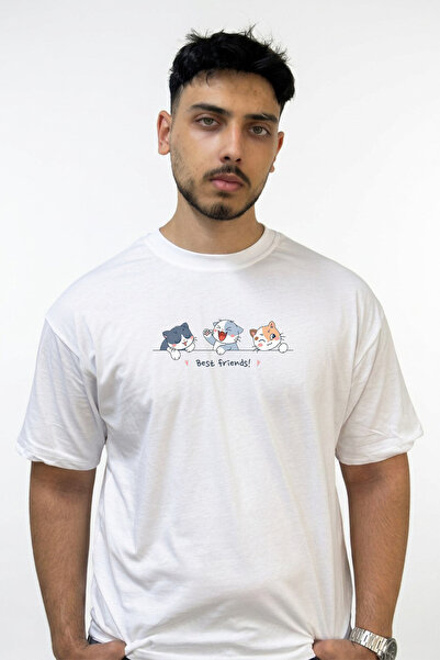 Anetos Cute Cats Design Printed Oversize White T-Shirt