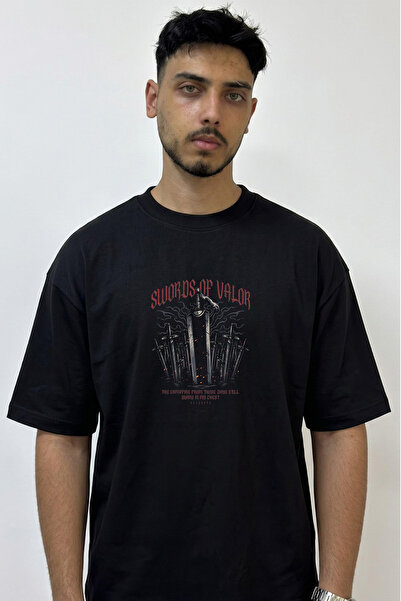Anetos Berserk Dragonslayer Design Printed Oversize Black T-Shirt