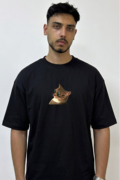 Anetos Cat with Glasses Design Printed Oversize Black T-Shirt