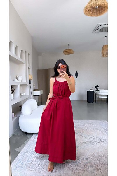 Buket Teke Red Poplin Fabric Long Belted Dress