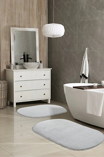 Lionhome Peluş Banyo Halısı Kapı Önü Paspası Renk Gri 2'li Set Kaymaz Taban S...