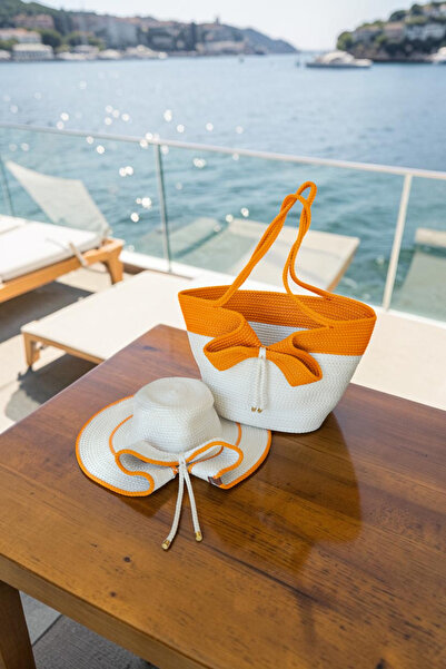 KAAN HOME Handmade Beach Pool Bag and Hat Set with Bow and Ribbon Multi-Purpo...
