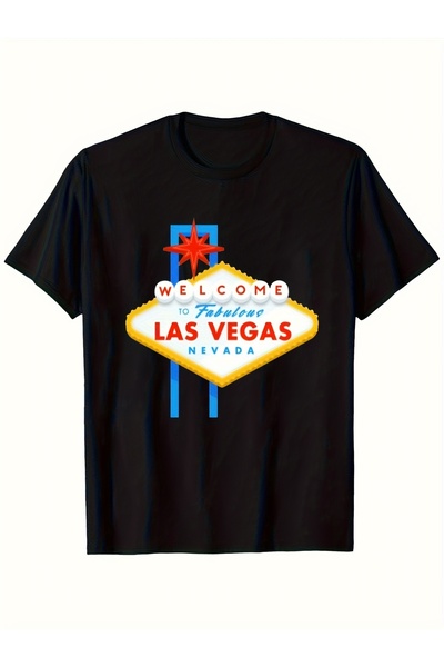 NOURAM Black Short-Sleeved T-Shirt Featuring Las Vegas Welcome Sign a Neon De...