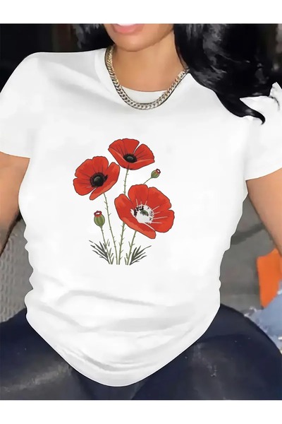 LİNA06 Lightweight Short-Sleeve Tee Featuring a Red Poppy Floral Pattern, Ide...