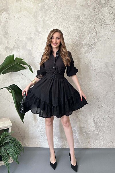 Elbee Fashion Woman فستان دانتيل أسود بفتحة أمامية