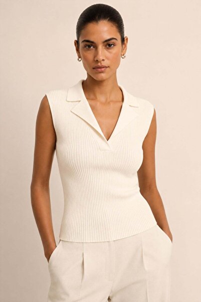 Ferraro Ecru Sleeveless Polo Neck Ribbed Viscose Women's Knitwear Blouse