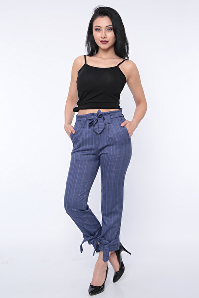 FIRST STYLE Women's Blue Striped Belted Turkish Trousers