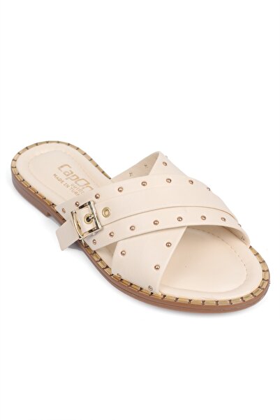 Capone Outfitters Metal Look Buckle Short Heeled Cross-Strapped Women's Slippers