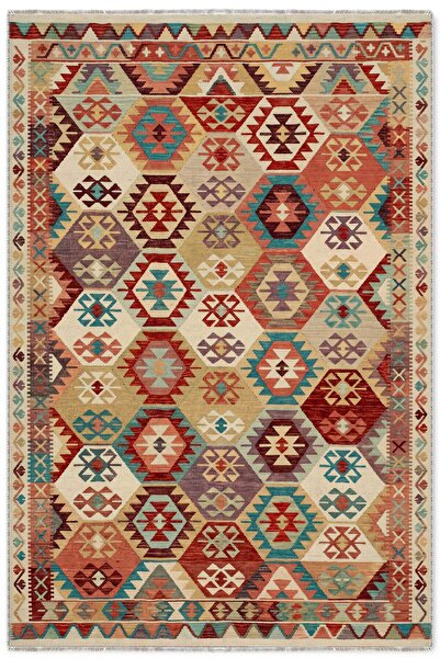 Pastel Home Renkli Anadolu Kilim Şönil Halı Yolluk Yıkanabilir Kaymaz Salon M...