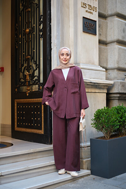 LOCCO Women's Single Button Detail Oversize Single Pocket Cupra Suit Burgundy