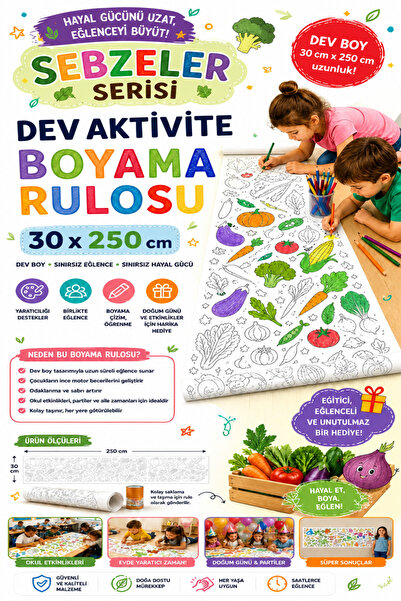 kutuTR Dinozorlar Boyama Kağıdı 30x250 cm Eğitici Çocuk Aktivite Rulo Boyama ...