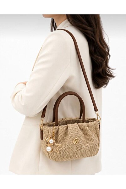 bag Women's New Season Straw Look Star Charm Hand and Shoulder Bag