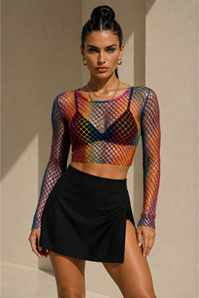 KİM Kİ O Alara Colorful Transparent Mesh Crop Blouse |   Long Sleeve Festival...