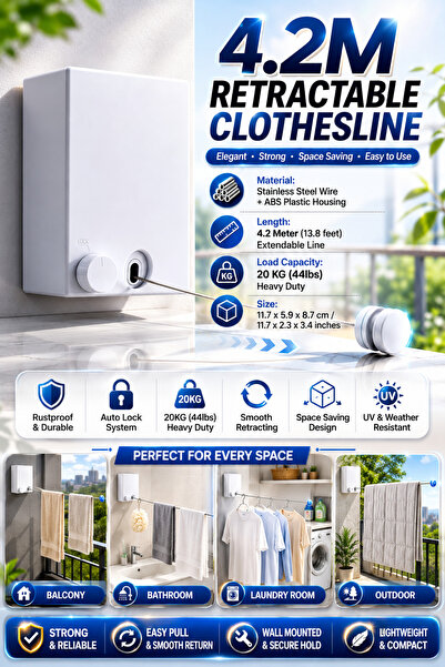 Baytix HOME 4.2M Wall Mounted Retractable Clothesline Heavy Duty Stainless St...