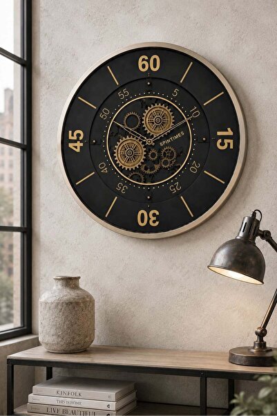 MARS CONCEPT Vintage Dekoratif Çarklı Duvar Saati 60 CM – Hareketli Çarklı Me...
